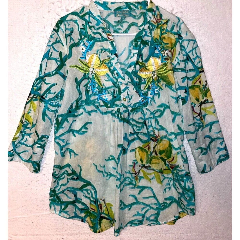 Antica Sartoria by Giacomo Cinque Women's Blouse Tunic XL Blue Green Lemon